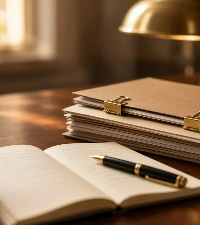 Desk with a stack of bound folders, an open notebook, a fountain pen and a brass lamp