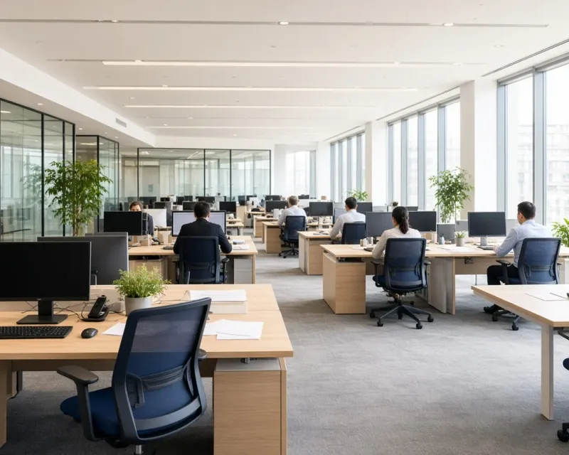 Large bright open-plan office with rows of light oak desks, navy chairs, glass meeting rooms and tall windows