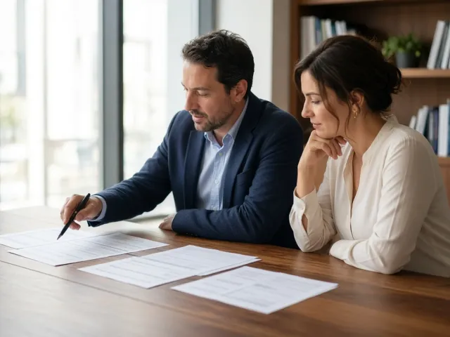 Two accounting colleagues going over printed pages at a walnut table in a bright office
