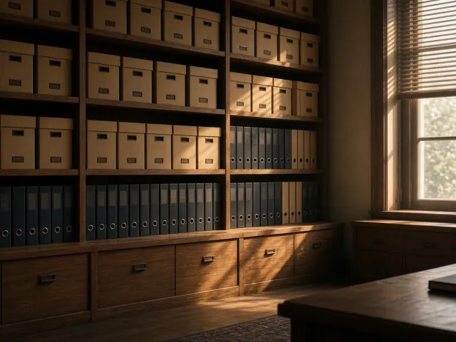 Tidy records room with archive boxes and binders on wooden shelves
